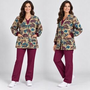 Tafford Safari Animal Print Scrub Jacket XL Cotton Snap Front Warm Up 3761